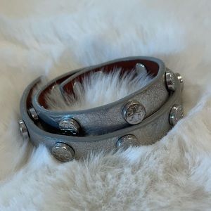 Tory Burch Metallic Leather Logo Stud Double Wrap Classic Bracelet